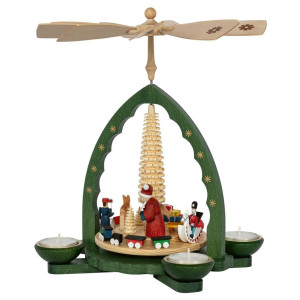 Weihnachtspyramide Weihnachtsbescherung für Teelicht und Kerzen grün - 27 cm