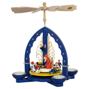 Weihnachtspyramide Weihnachtsbescherung für Teelicht und Kerzen blau - 27 cm