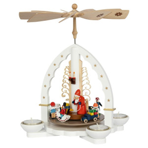 Weihnachtspyramide Weihnachtsbescherung für Teelicht und Kerzen weiß - 27 cm - Auslaufartikel