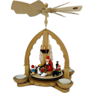 Weihnachtspyramide Weihnachtsbescherung für Teelicht und Kerzen natur - 27 cm