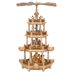 Weihnachtspyramide Christi Geburt mit farbigen Figuren für Teelichter 3-stöckig - 55 cm
