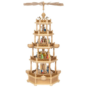 Weihnachtspyramide Christi Geburt mit farbigen Figuren für Teelichter 4-stöckig - 74 cm