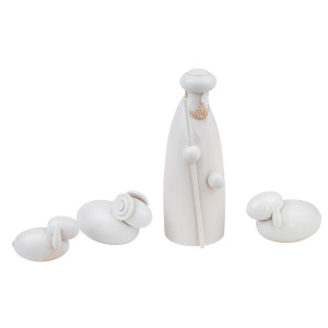 Schalling Krippenfiguren Hirte kniend mit Schafen, weiß lasiert