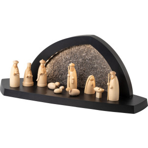 Seiffener Volkskunst LED-Gesteinsbogen anthrazit Schalling Christi Geburt mit Hirte und 3 Weisen