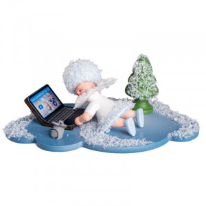 Schneeflöckchen mit Laptop auf Wolke