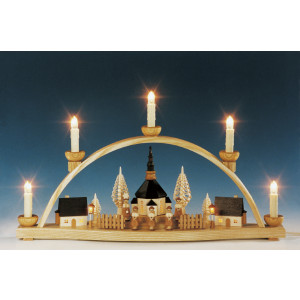 Schwibbogen Seiffener Kirche mit Laternen, beleuchtet