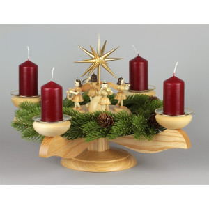 Adventsleuchter mit Blank-Engeln für Stumpenkerzen natur, Komplettset inkl. Kranz, Glasmanschetten, Stumpenkerzen rot