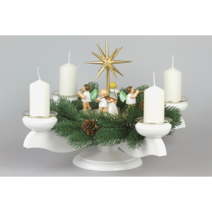 Adventsleuchter mit Wendt & Kühn Engeln für Stumpenkerzen, Komplettset inkl. Kranz, Glasmanschetten, Stumpenkerzen