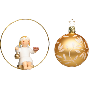 Margeritenengel im Ring mit Lebkuchenherz und Kugel - Glasglocke gold Set