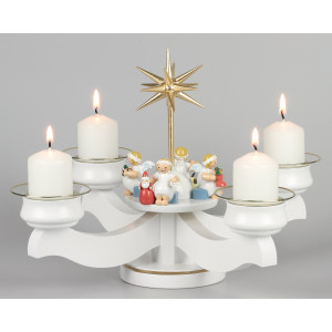 Adventsleuchter mit Wendt & Kühn Margeritenengeln sitzend für Stumpenkerzen, Komplettset inkl. Glasmanschetten, Stumpenkerzen