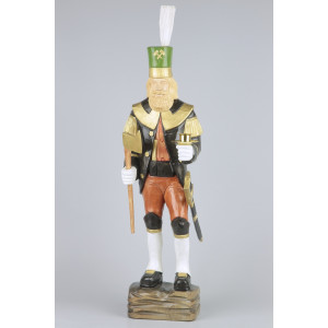 Geschnitzter Bergmann mit Messingkerzenhalter, farbig bemalt, 60 cm