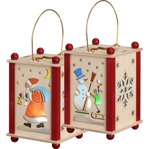Erzgebirgische Laterne Weihnachtsmann und Schneemann mit LED-Licht