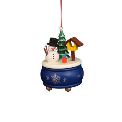 Baumbehang Spieldose blau mit Schneemann