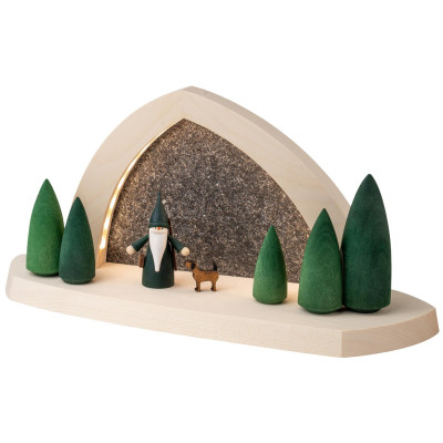 Seiffener Volkskunst LED-Gesteinsbogen 31 cm Breite, natur, Jägerwichtel und Hund USB-C