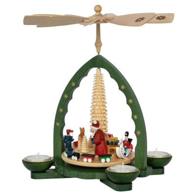 Weihnachtspyramide Weihnachtsbescherung für Teelicht und Kerzen grün - 27 cm