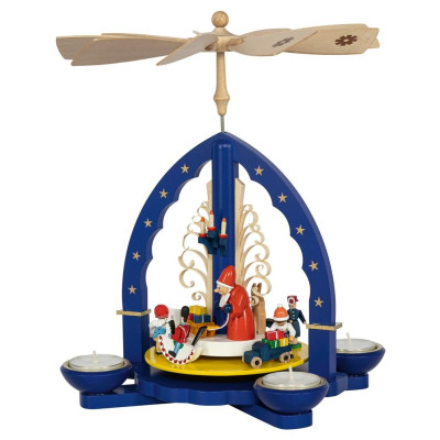 Weihnachtspyramide Weihnachtsbescherung für Teelicht und Kerzen blau - 27 cm