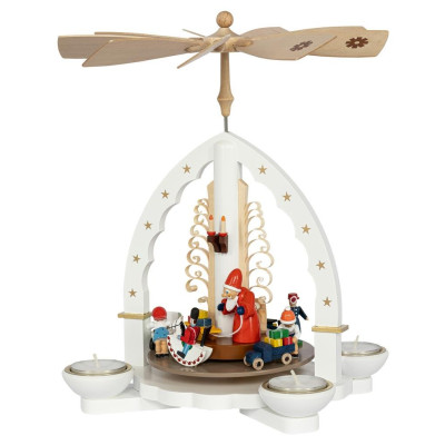 Weihnachtspyramide Weihnachtsbescherung für Teelicht und Kerzen weiß - 27 cm - Auslaufartikel