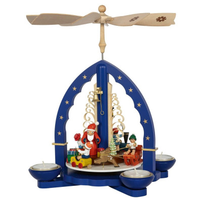 Weihnachtspyramide Weihnachtszug für Teelicht und Kerzen blau - 27 cm