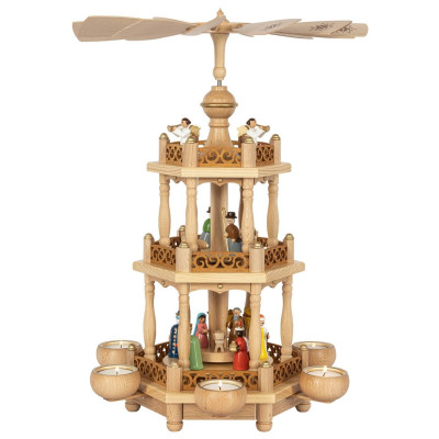Weihnachtspyramide Christi Geburt mit farbigen Figuren für Teelichter 2-stöckig - 46 cm