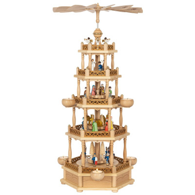 Weihnachtspyramide Christi Geburt mit farbigen Figuren für Teelichter 4-stöckig - 74 cm