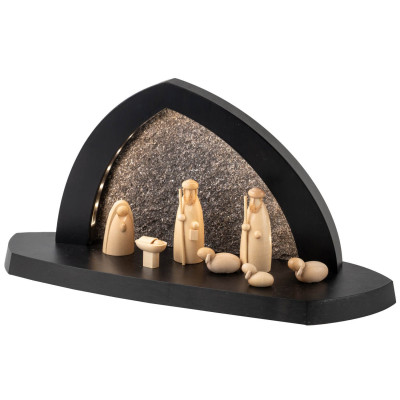 Seiffener Volkskunst LED-Gesteinsbogen anthrazit Schalling Christi Geburt mit Hirte USB-C