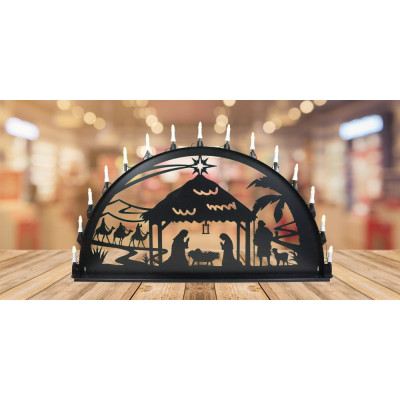 LED Metall Außenschwibbogen Christi Geburt 1,50 x 0,75 Meter