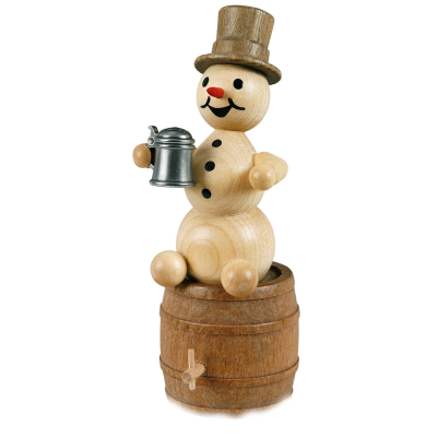 Schneemann mit Krug auf Fass