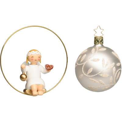 Margeritenengel im Ring mit Lebkuchenherz und Kugel - Glasglocke silber Set