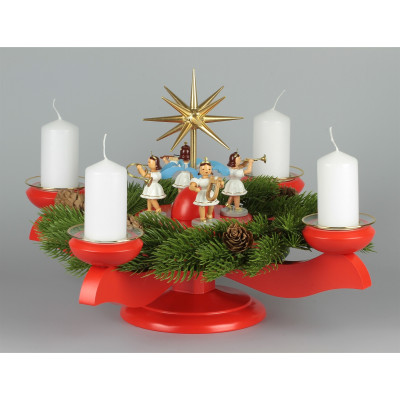 Adventsleuchter mit Blank-Engeln für Stumpenkerzen farbig, Komplettset inkl. Kranz, Glasmanschetten, Stumpenkerzen weiß