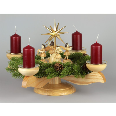 Adventsleuchter mit Blank-Engeln für Stumpenkerzen natur, Komplettset inkl. Kranz, Glasmanschetten, Stumpenkerzen rot