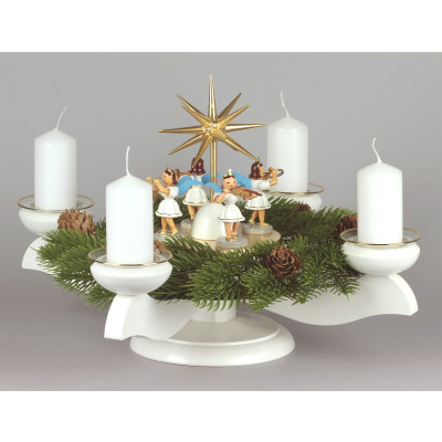 Adventsleuchter mit Blank-Engeln für Stumpenkerzen weiß, Komplettset inkl. Kranz, Glasmanschetten, Stumpenkerzen weiß
