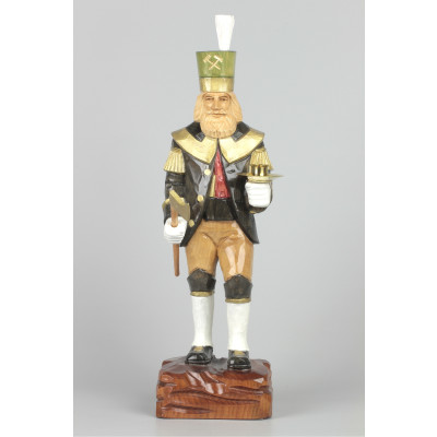 Geschnitzter Bergmann mit Messing-Kerzenhalter, farbig, Haar natur, Hut grün, 34 cm