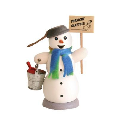 Räuchermann Schneemann mit Schild Vorsicht Glatteis