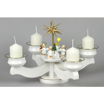 Adventsleuchter mit Wendt & Kühn Margeritenengeln für Stumpenkerzen stehend, Komplettset inkl. Glasmanschetten, Stumpenkerzen