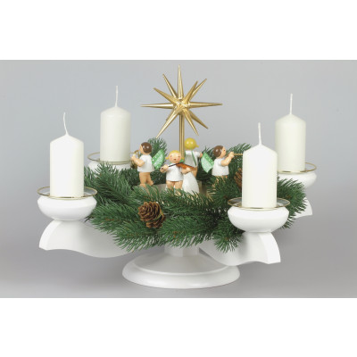Adventsleuchter mit Wendt & Kühn Engeln für Stumpenkerzen, Komplettset inkl. Kranz, Glasmanschetten, Stumpenkerzen