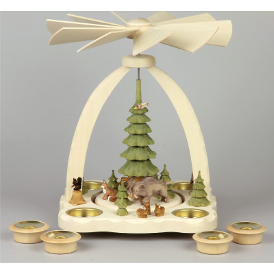 Geschnitzte Teelichtpyramide Wildschweine mit grünen Bäumen - 27 cm