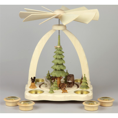 Geschnitzte Teelichtpyramide Bärenfamilie mit grünen Bäumen - 27 cm