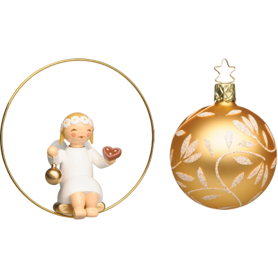 Margeritenengel im Ring mit Lebkuchenherz und Kugel - Glasglocke gold Set