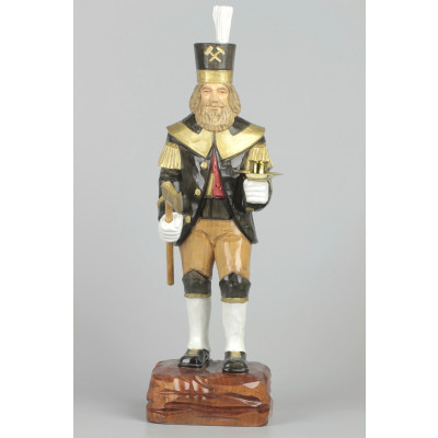 Geschnitzter Bergmann mit Messing-Kerzenhalter farbig, Haar farbig, Hut grün 34 cm