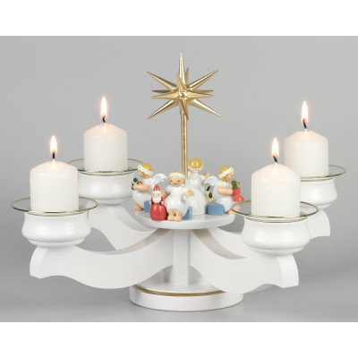Adventsleuchter mit Wendt & Kühn Margeritenengeln sitzend für Stumpenkerzen, Komplettset inkl. Glasmanschetten, Stumpenkerzen
