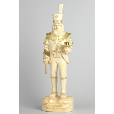 Geschnitzter Bergmann mit Messing-Kerzenhalter, natur, 34 cm