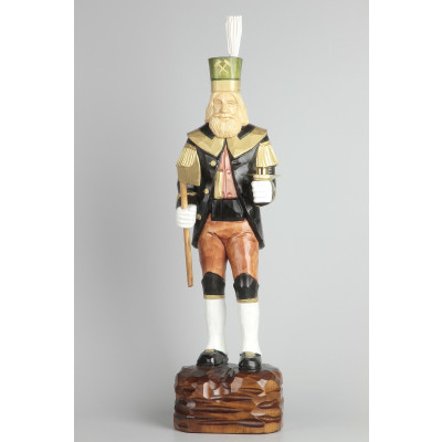 Geschnitzter Bergmann mit Messing-Kerzenhalter, farbig, Haar natur, Hut grün, 47 cm