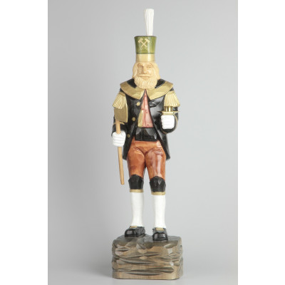 Geschnitzter Bergmann mit Messing-Kerzenhalter, farbig, Haar natur, Hut grün, 47 cm