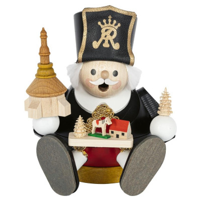 Kugelrauchmann Bergmann mit Seiffener Kirche und Spielzeug sitzend