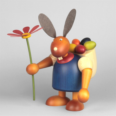 Hase mit Blume und Eierkiepe, blau, 24 cm